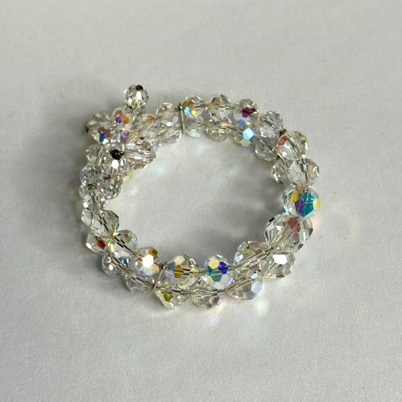 Vintage Aurora Borealis Crystal Beaded Cuff Bracelet W/ Dangle Charms Adjustable - Picture 1 of 8